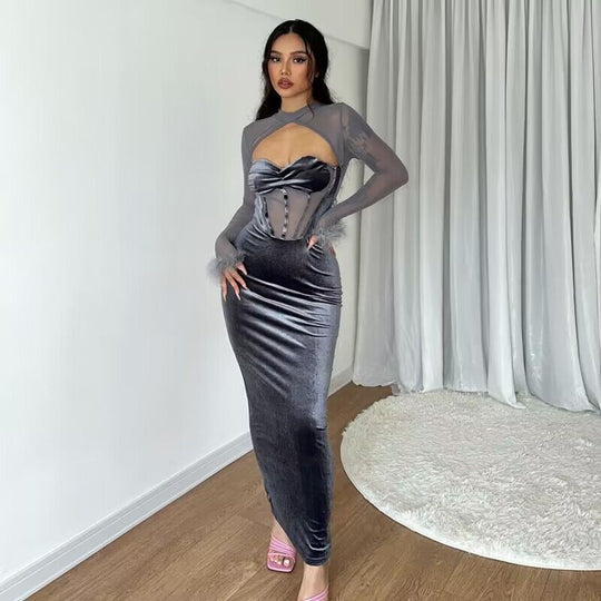 Damen Maxikleid mit innovativer Korsett-Oberpartie und transparenten Ärmeln R&B