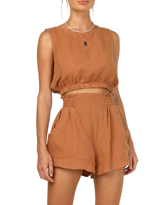 Damen lässiges Leinen-Oberteil mit hochgeschnürtem Saum und Shorts R&B