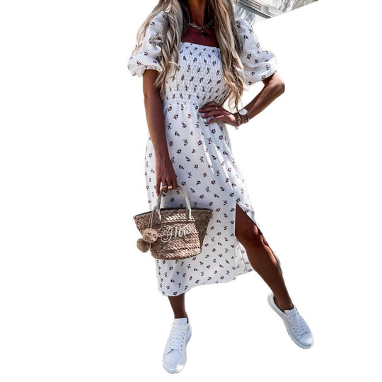 Damen lässiges Maxikleid mit elastischem Oberteil und floralem Muster R&B