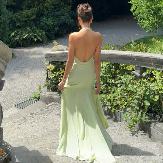 Damen Elegantes Maxikleid mit tiefem V-Ausschnitt und fließendem Rock R&B