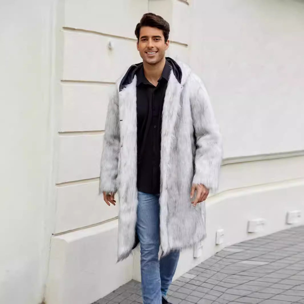Herren Luxuriöser Kunstfellmantel mit Kapuze R&B