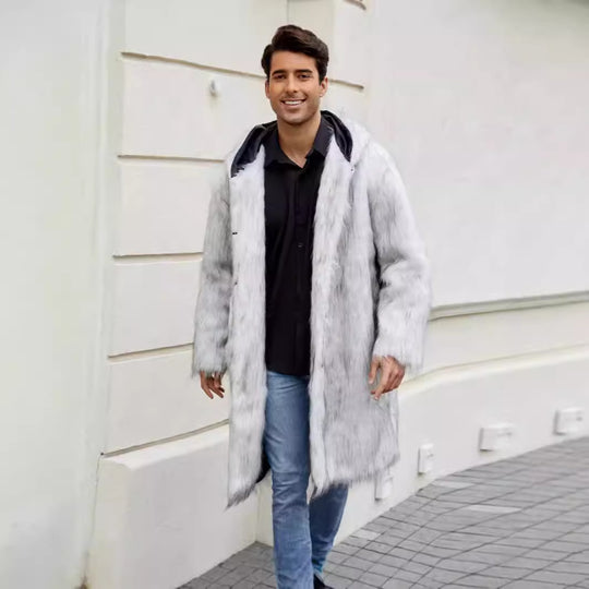 Herren Luxuriöser Kunstfellmantel mit Kapuze R&B