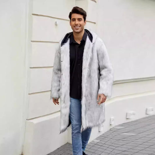 Herren Luxuriöser Kunstfellmantel mit Kapuze R&B