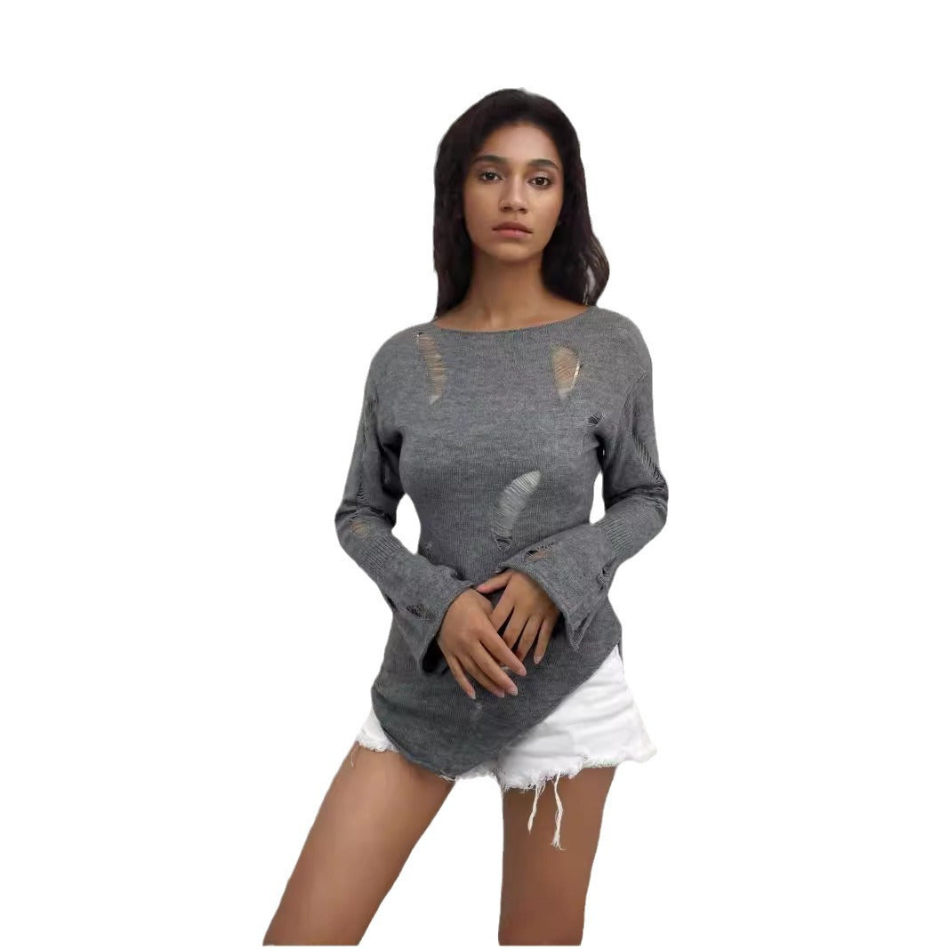 Damen Strickpullover mit lässiger, aufgerissener Optik und weitem Schnitt R&B
