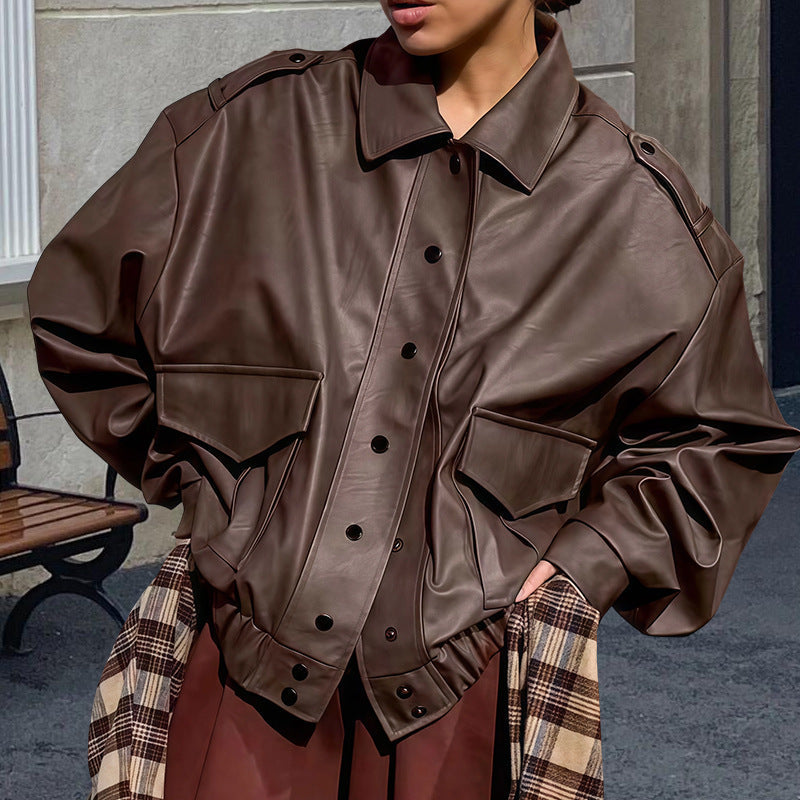 Damen Oversized Kunstlederjacke mit dekorativen Taschen und modischer Schnürung R&B