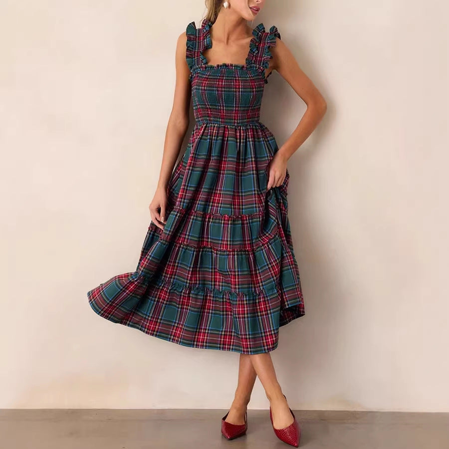 Damen Maxikleid mit voluminösen Rüschendetails und klassischen Karo-Muster R&B