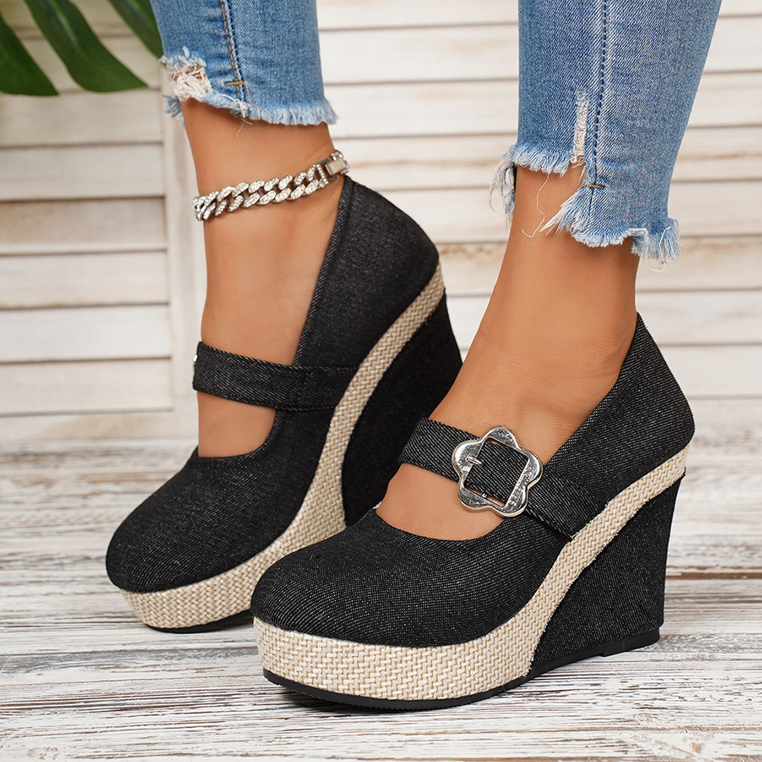 Damen Wedge-Pumps mit schnallenverziertem Fesselriemen und geflochtenem Absatz R&B