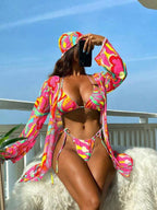Damen Triangel-Bikini mit langärmliger transparenter Strandjacke