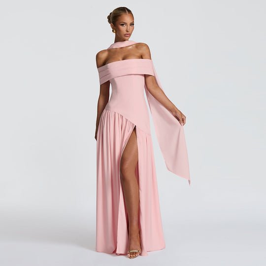 Damen Abendkleid mit schickem Schulterfreies Design und hohem Schlitz R&B