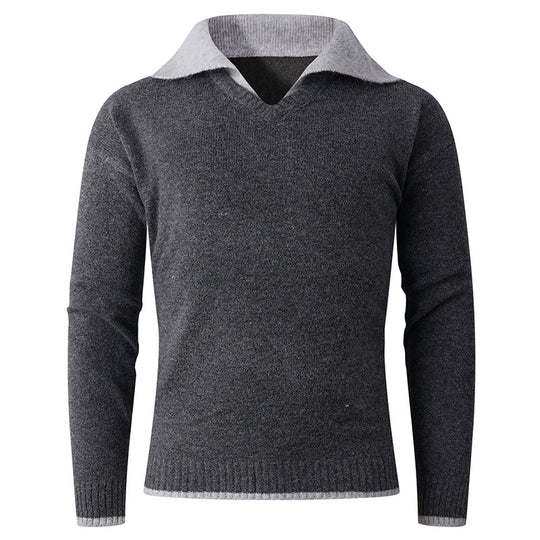 Herren V-Ausschnitt Pullover mit hochwertiger Textur und kontrastierendem Kragen R&B