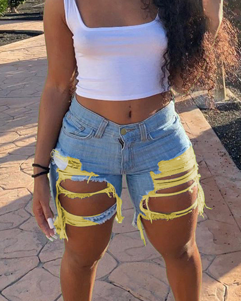 Damen Jeans-Shorts mit modischen Destroyed-Details und fransigen Säumen R&B