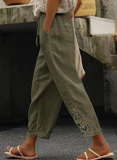 Damen luftige Leinenhose mit dekorativen Stickereien R&B
