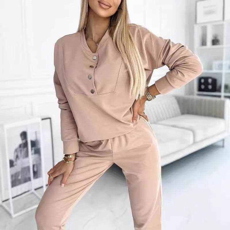 Damen Freizeitanzug mit modischen Knopfdetails und elastischem Bund R&B