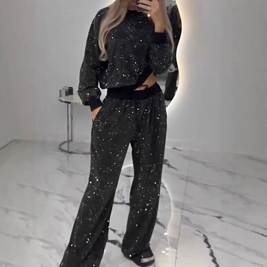 Damen Glitzerndes Freizeitset mit Cropped Sweater und bequemer Hose R&B
