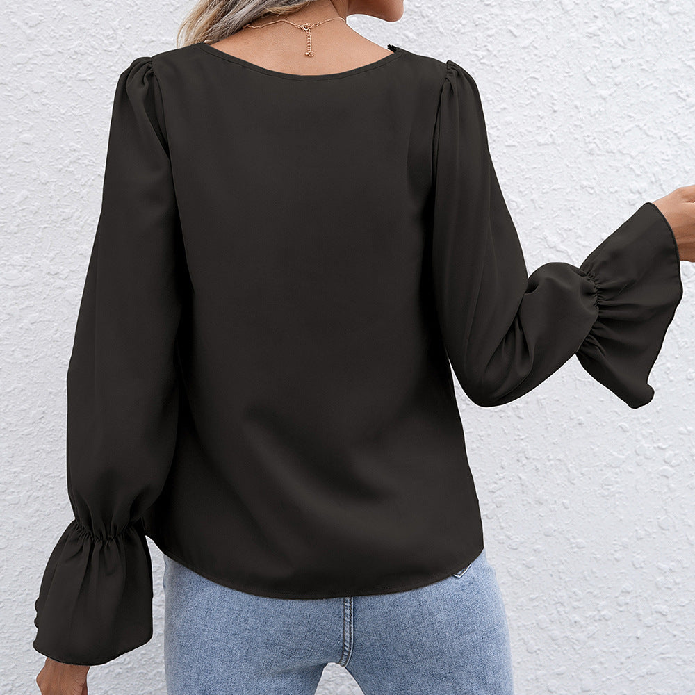 Damen elegante Bluse mit Spitzendetails und Volantärmeln R&B