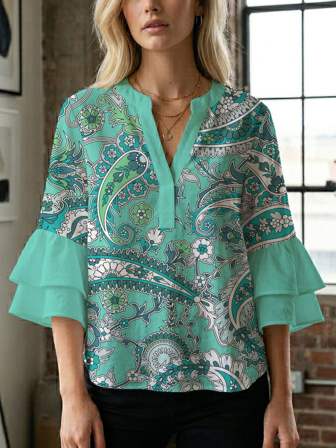 Damen elegantes Blusenshirt mit voluminösen Rüsenärmeln und grafischem Blumendesign R&B