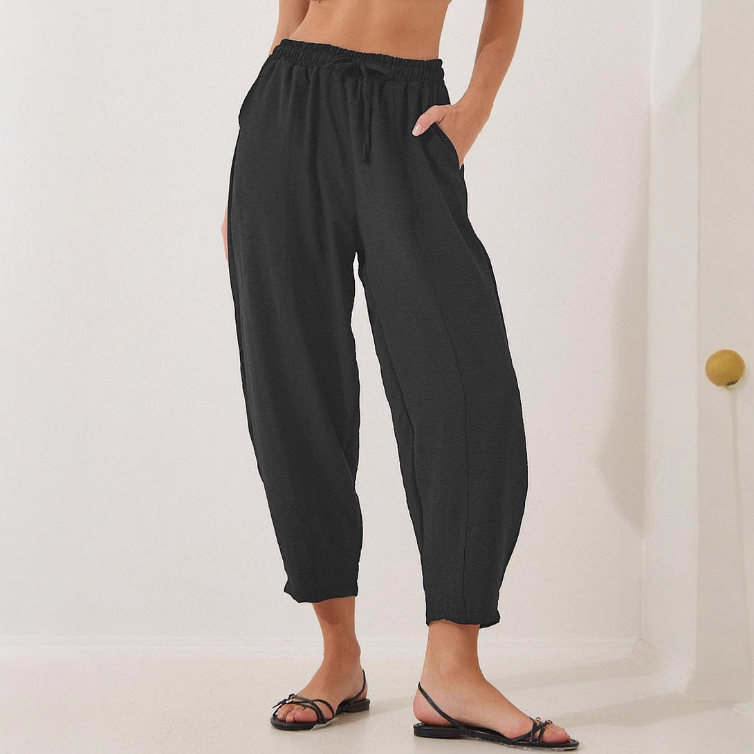 Damen bequeme Freizeithose aus leichtem Stoff mit elastischem Bund und Seitentaschen R&B