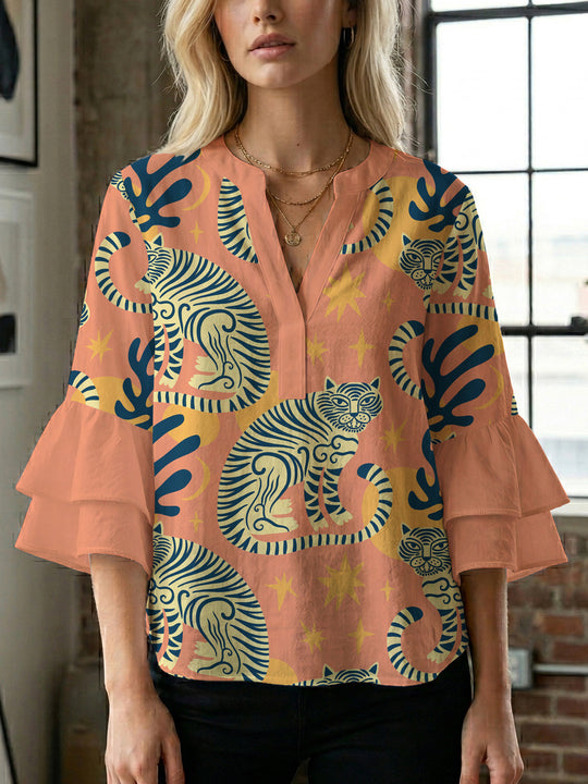 Damen elegantes Blusenshirt mit voluminösen Rüsenärmeln und grafischem Blumendesign R&B