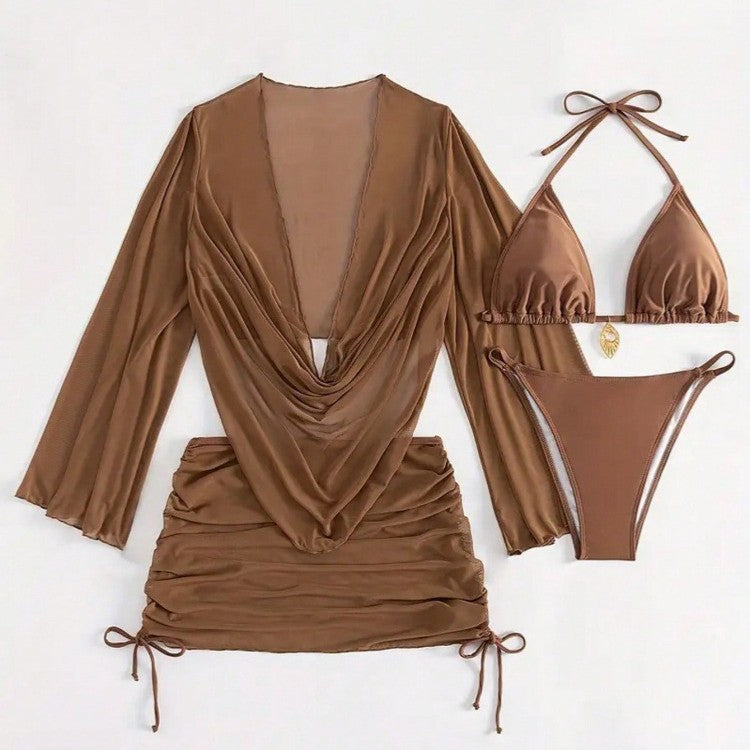 Damen Bikini-Set mit raffinierter Wickelbluse und halbtransparentem Rock R&B