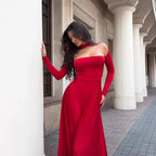 Damen Off-Shoulder Maxikleid mit langen Ärmeln und elegantem Schnitt R&B