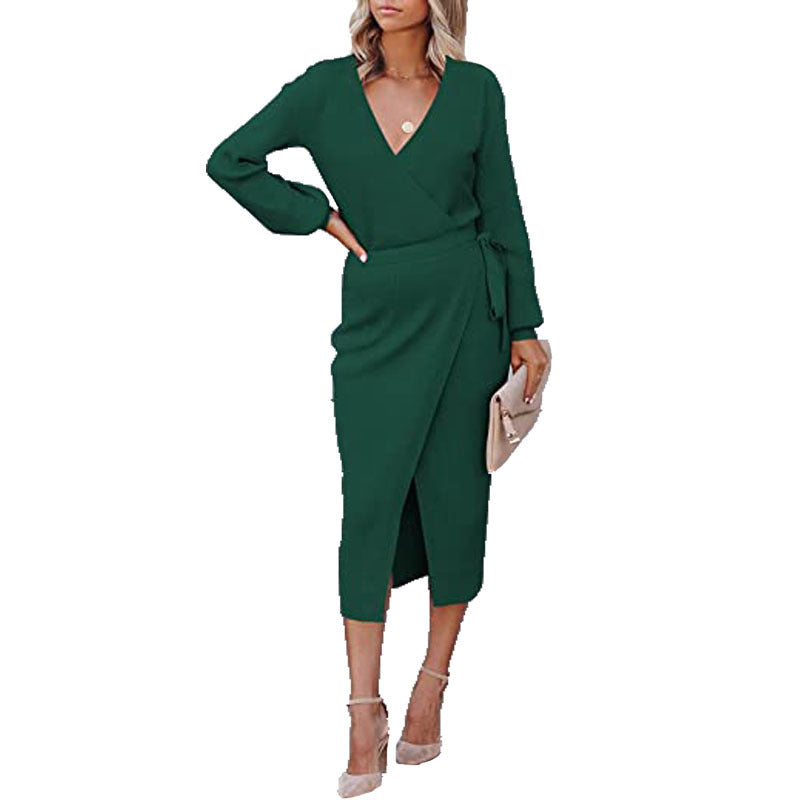Damen elegantes Wickelkleid mit langem Arm und schickem V-Ausschnitt R&B