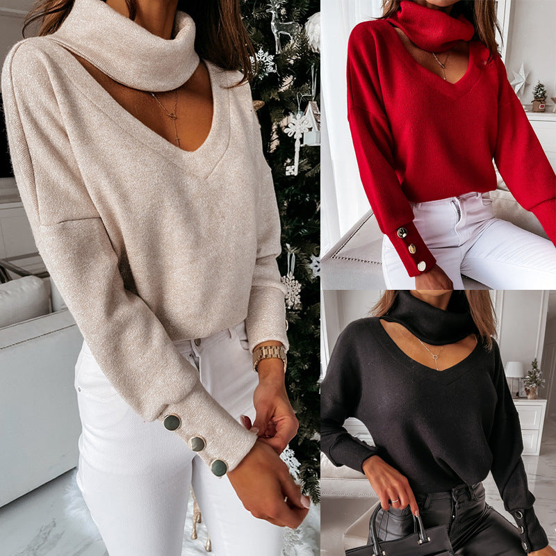Damen Glamouröser Strickpullover mit angeschnittenem Rollkragen und schicken Knopfdetails R&B