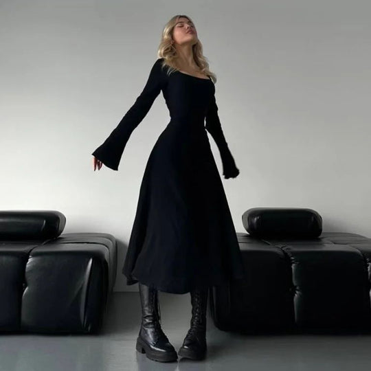 Damen elegantes Maxikleid mit tiefem V-Ausschnitt und schwingendem Rock R&B