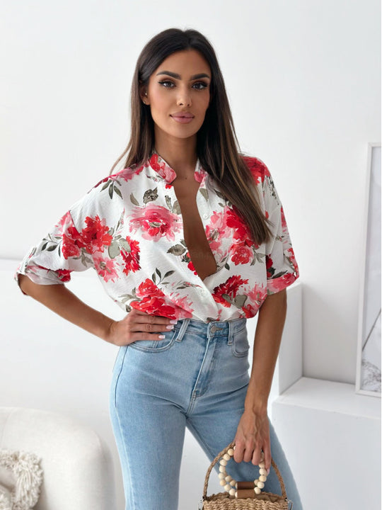 Damen Blumige Oversized Hemdbluse mit kurzen Ärmeln R&B
