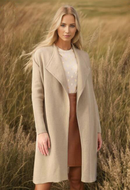 Damen elegante Strickmantel mit offenem Kragen und modischem Schnitt R&B