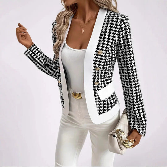Damen Moderne Blazerjacke mit Hahnentrittmuster und eleganten Knöpfen R&B