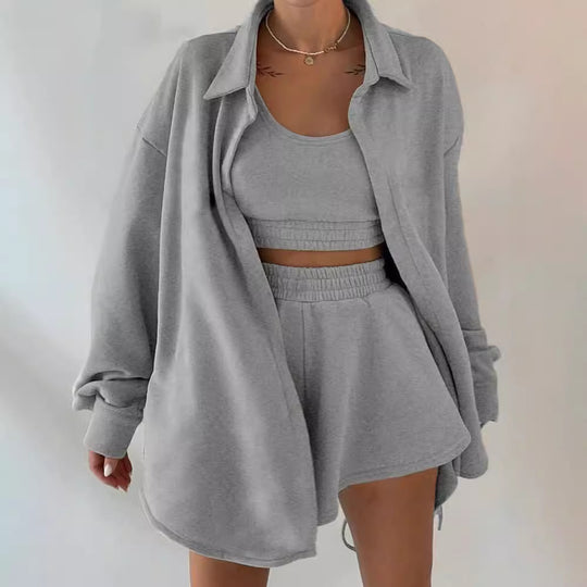 Damen lässiges Sweat-Outfit mit oversize Jacke und Shorts R&B