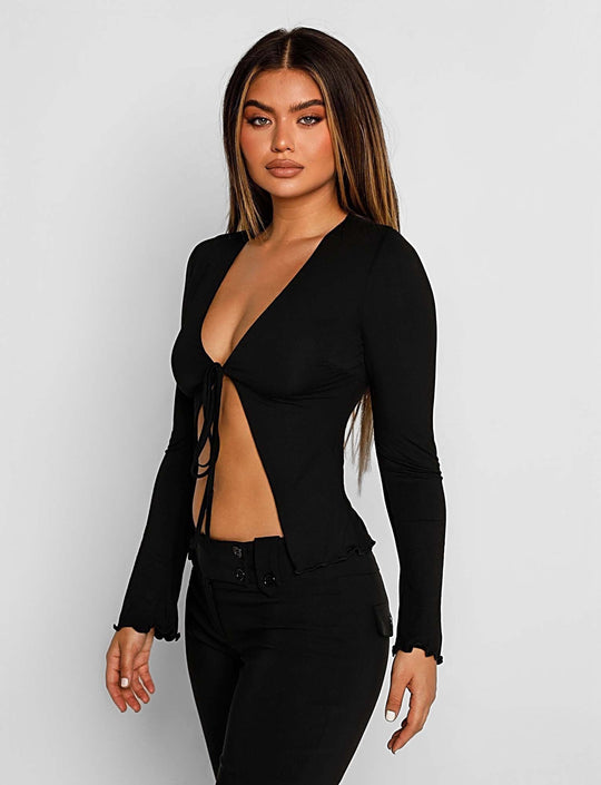 Damen langärmliges Oberteil mit tiefem V-Ausschnitt und floralem Design R&B