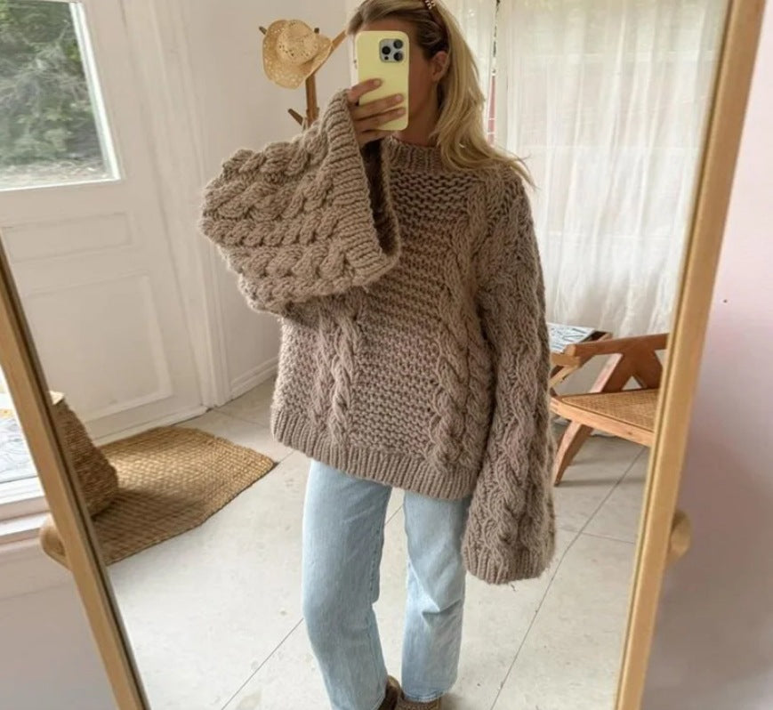 Damen oversize Strickpullover mit Zopfstrickmuster R&B