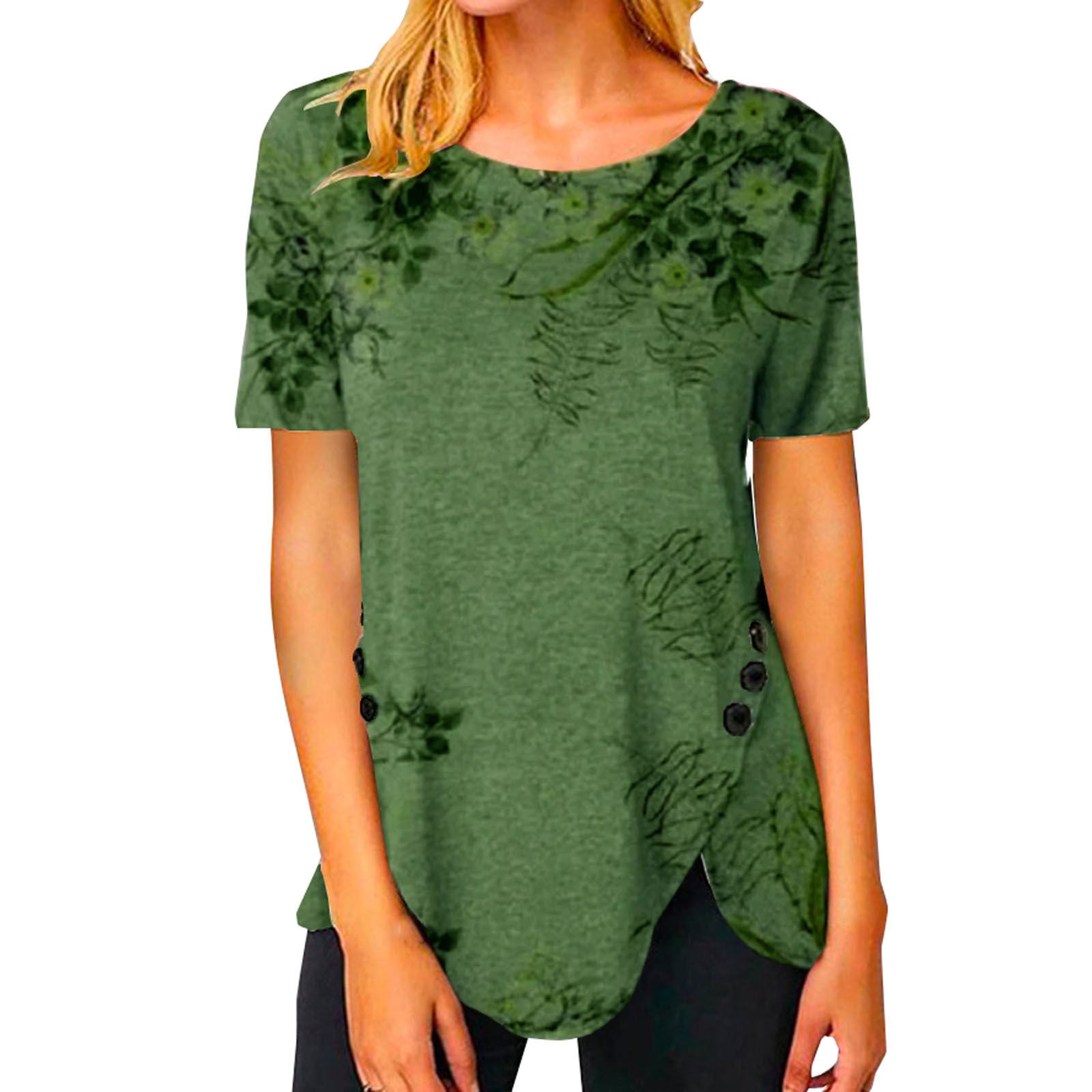 Damen lässiges T-Shirt mit dekorativem Floraldesign und asymmetrischem Saum R&B
