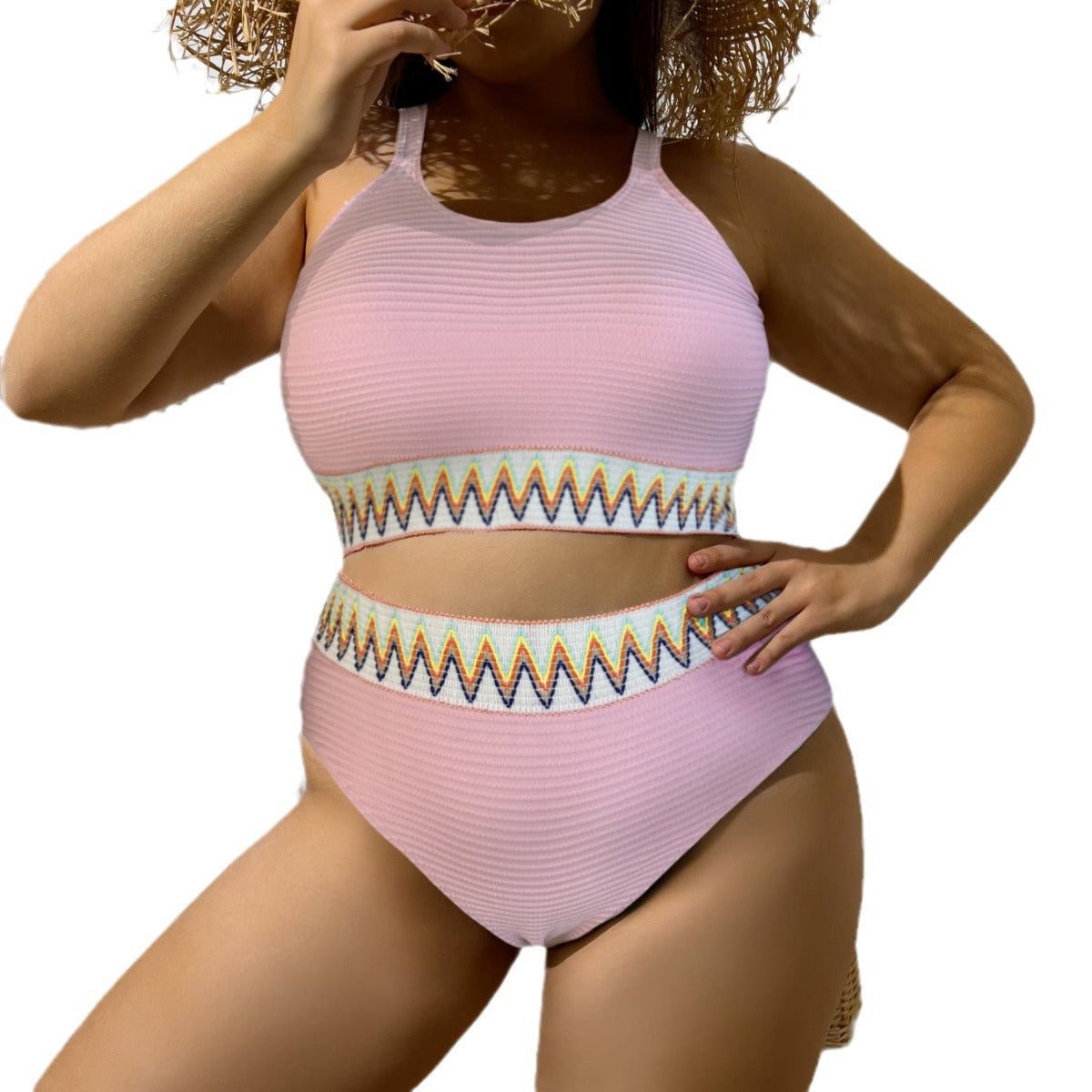 Damen Sportlicher Zweiteiliger Badeanzug mit einzigartigem Cut-Out-Design und buntem Bannermuster R&B