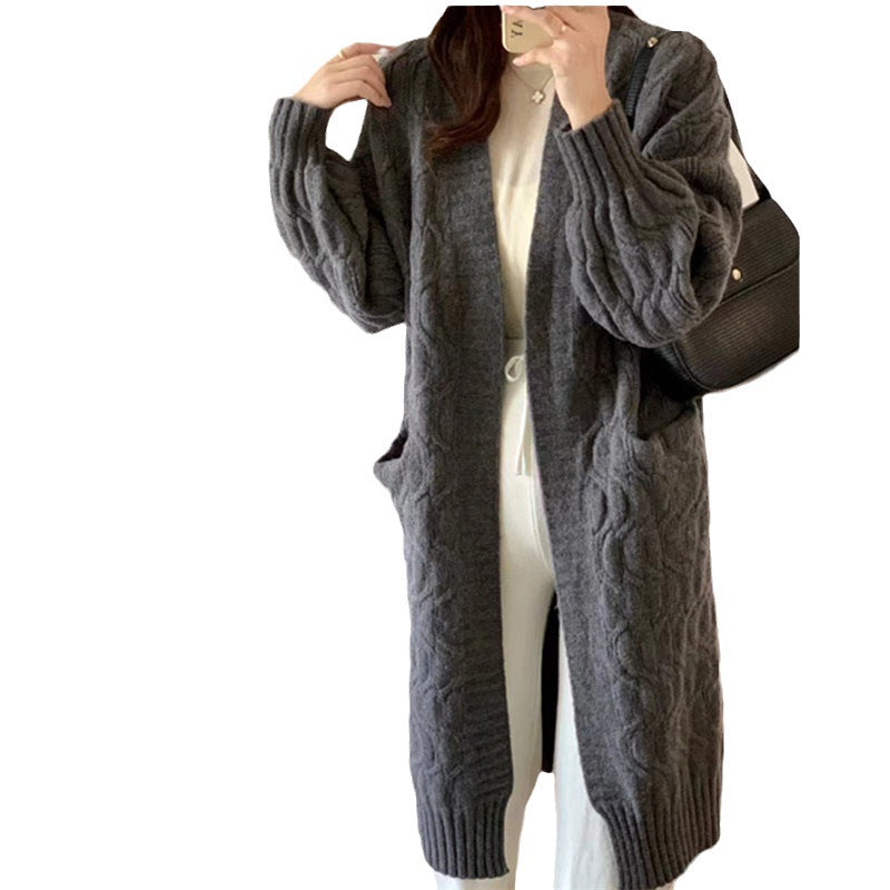 Damen Langer Strickcardigan mit voluminösen Ärmeln und praktischen Taschen R&B
