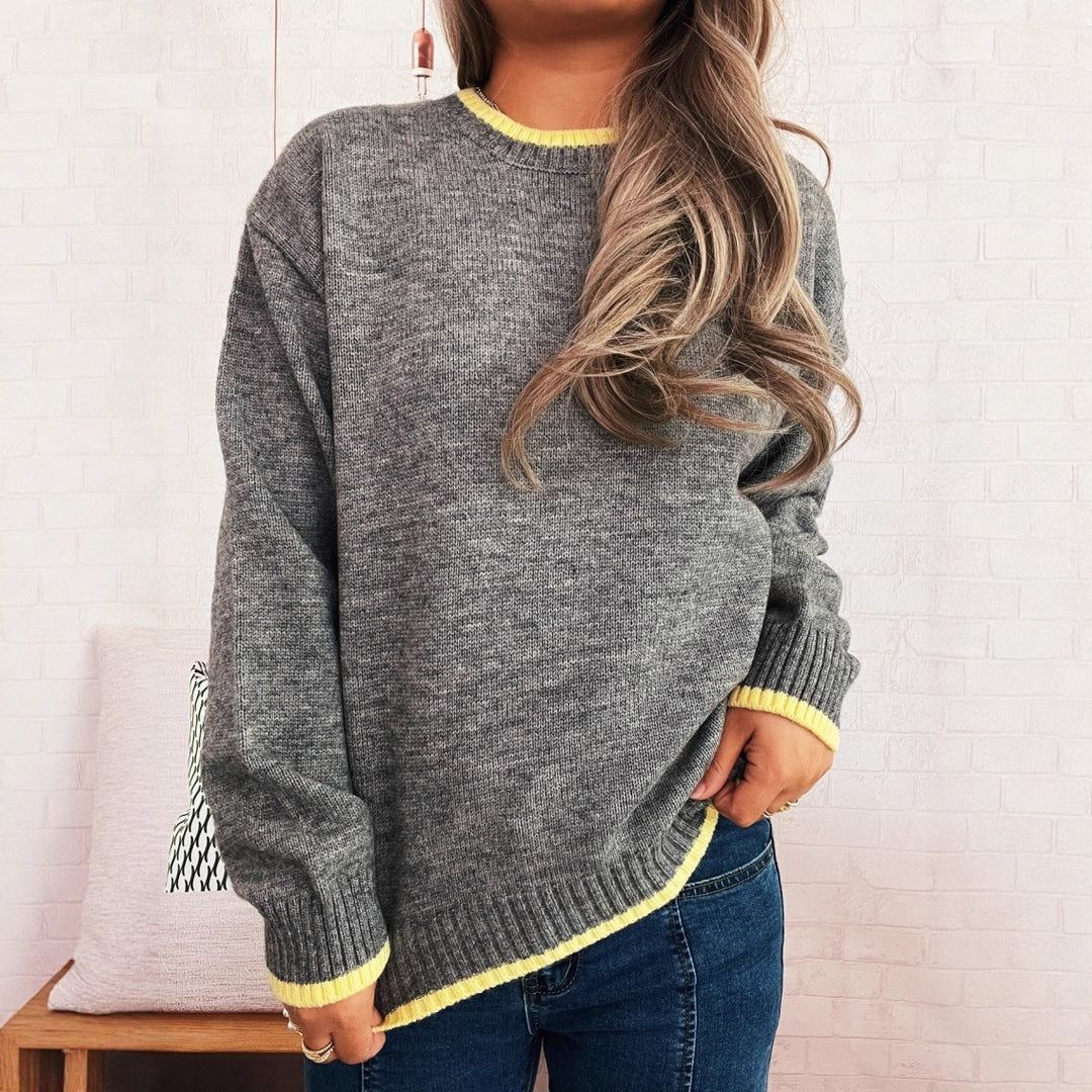Damen gemütlicher Strickpullover mit kontrastierenden Bündchen und lässigem Schnitt R&B