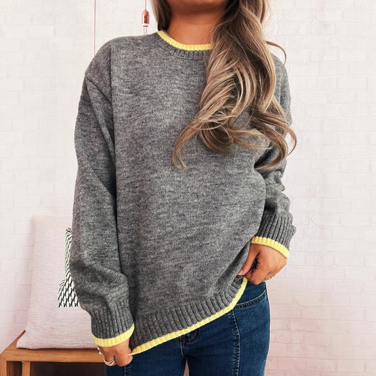 Damen gemütlicher Strickpullover mit kontrastierenden Bündchen und lässigem Schnitt R&B