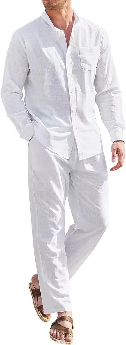 Herren lässiges Leinenanzugset mit offenem Kragen und seitlichen Taschen R&B