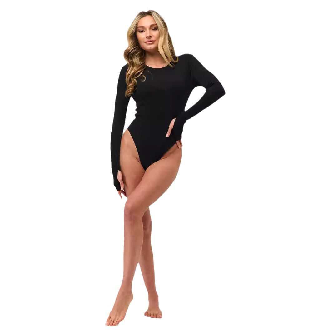 Damen Langarm-Bodysuit mit elegantem Rippdesign und figurbetontem Schnitt R&B