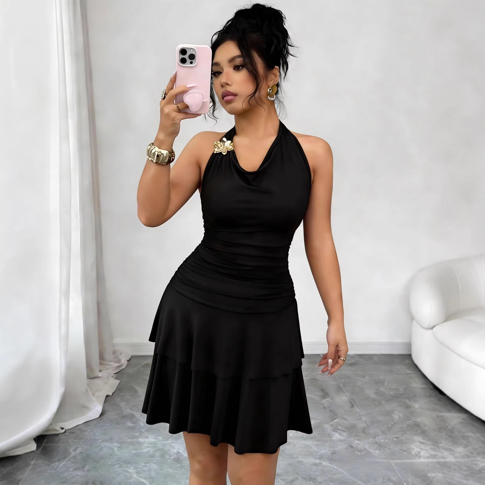 Damen nan Halter-Midikleid mit Wasserfall-Ausschnitt, taillierter Raffung und stufenweisem Volantrock R&B