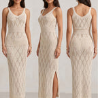 Damen elegantes Strick-Maxikleid mit seitlichen Schlitzen R&B