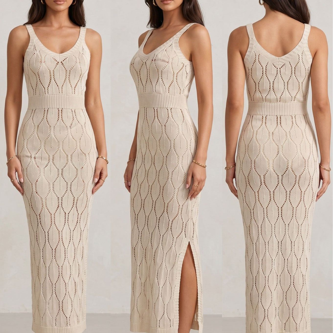 Damen elegantes Strick-Maxikleid mit seitlichen Schlitzen R&B