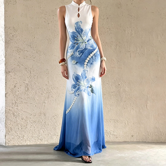 Damen Maxikleid mit floralem Design und elegantem Kragen R&B