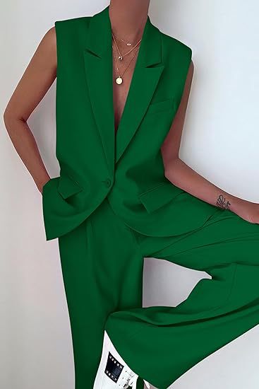 Damen ärmelloses Blazer-Set mit weit geschnittenen Hosen R&B