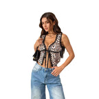 Damen Sexy Animal-Print Oberteil mit Spitzenakzenten und Schleifenbindung R&B