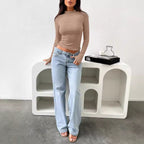 Damen hochwertiges Langarmshirt mit Stehkragen und feiner Rippstruktur R&B