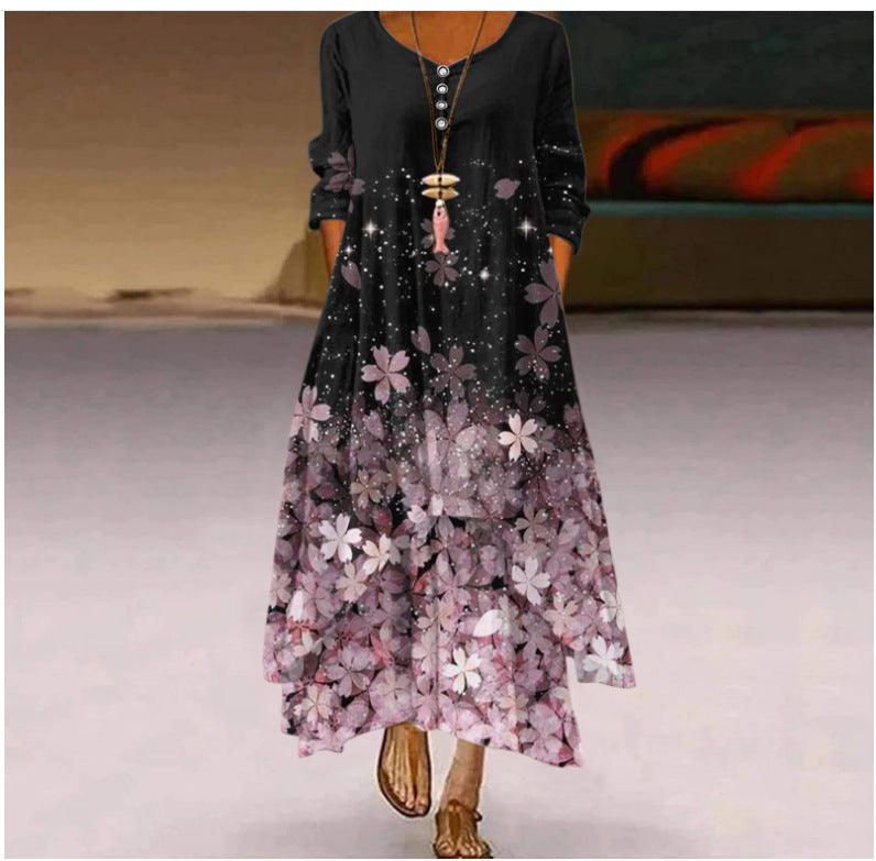 Damen Fließendes Maxikleid mit kunstvollem Blumendruck und asymmetrischem Saum R&B
