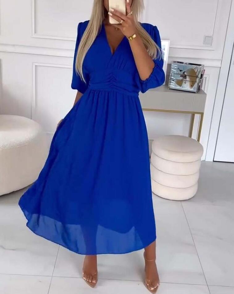 Damen Midikleid mit raffiniertem V-Ausschnitt und Puffärmeln R&B