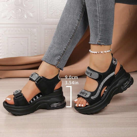 Damen Sportliche Wedge-Sandalen mit glitzernden Riemchen und komfortablem Fußbett R&B